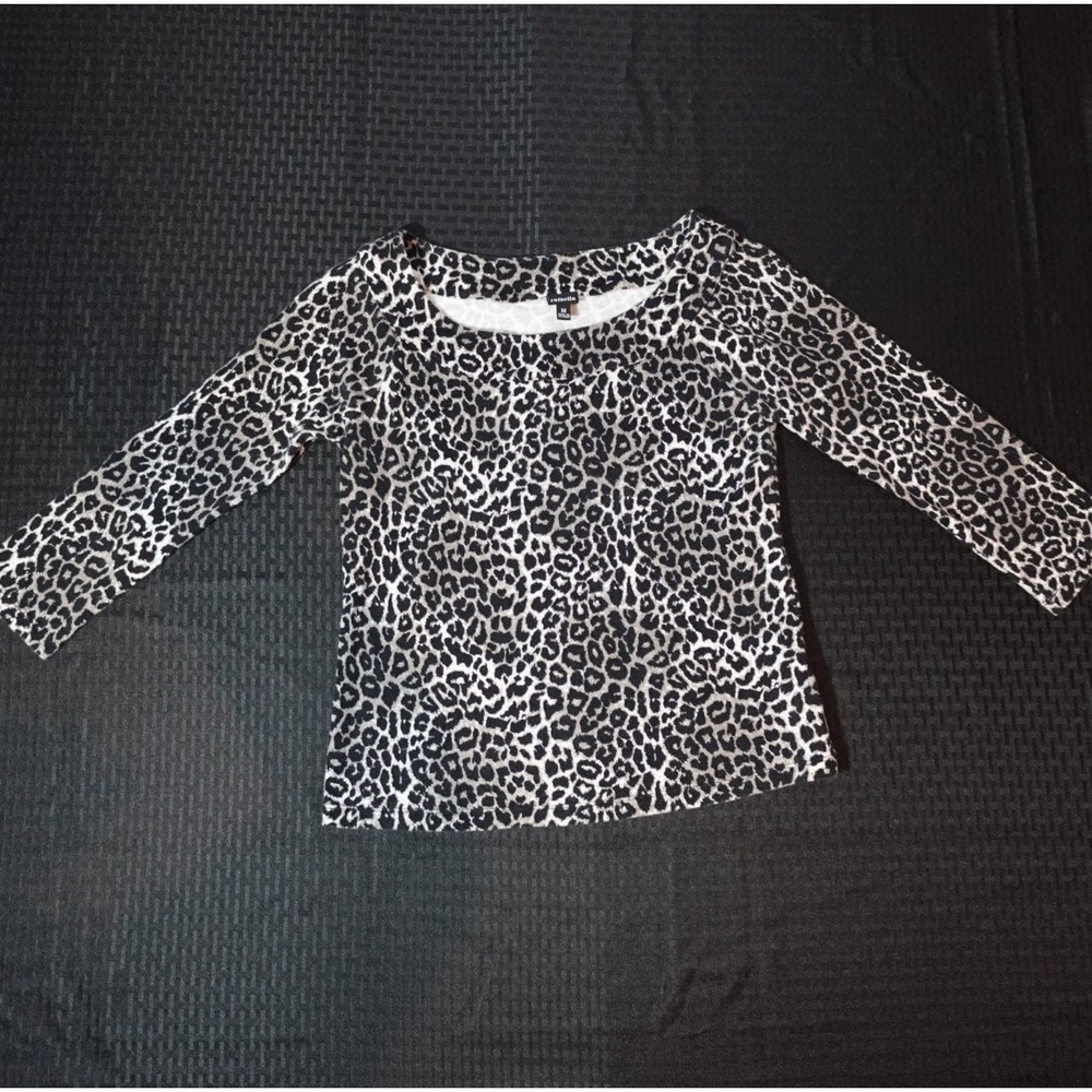 Rafaella Womens Leopard Print Boat Neck 3/4 Sleeve Cotton Top‎ Grey Black Medium